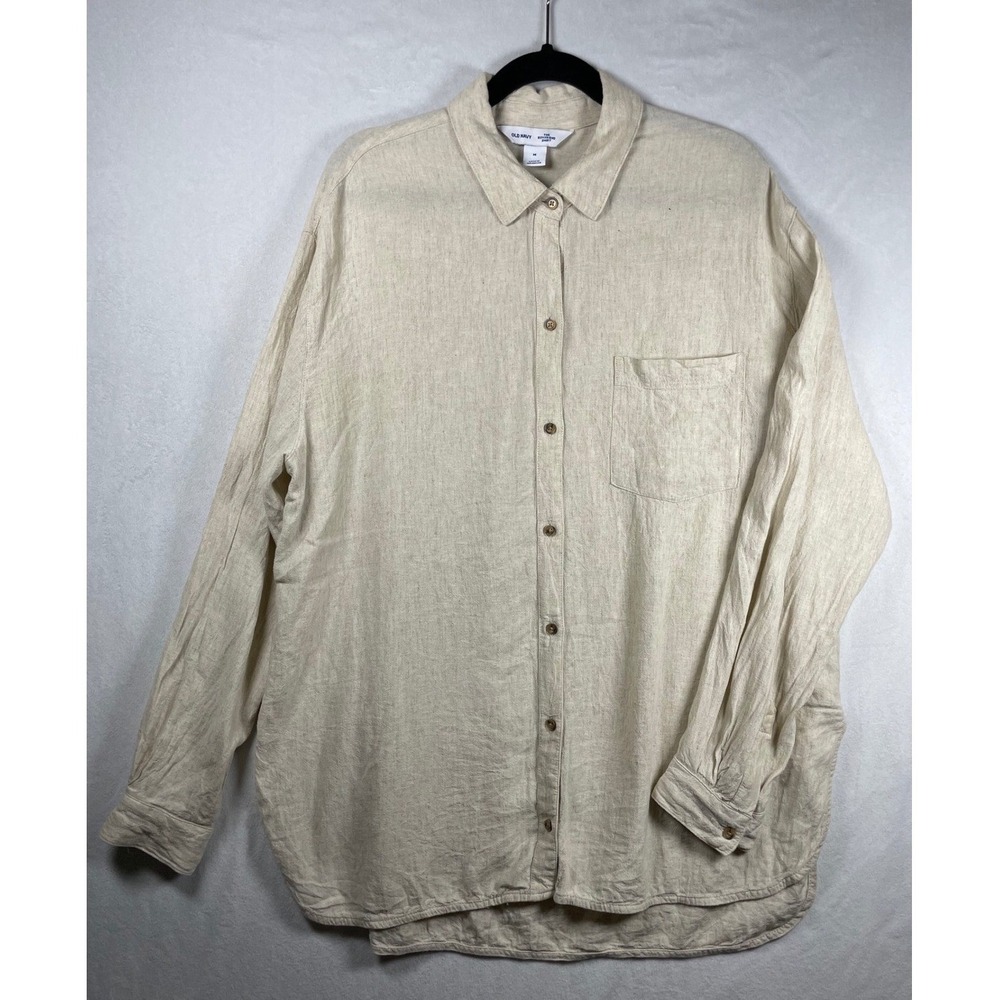 natural linen blend button boyfriend shirt M airy summer coastal cottagecore‎